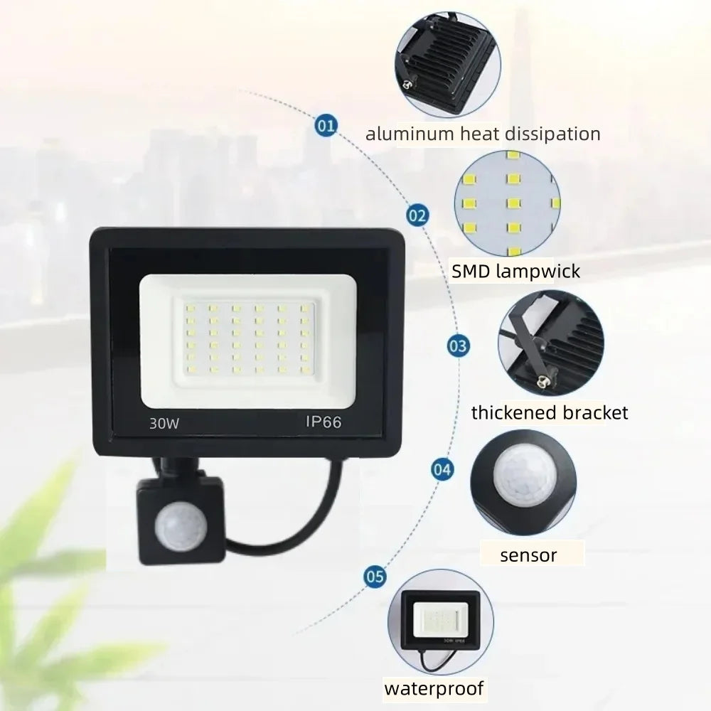 LED PIR Motion Sensor Floodlight - Outdoor Wall Light White 10W/20W/30W/50W/100W IP66 Waterproof for Garden