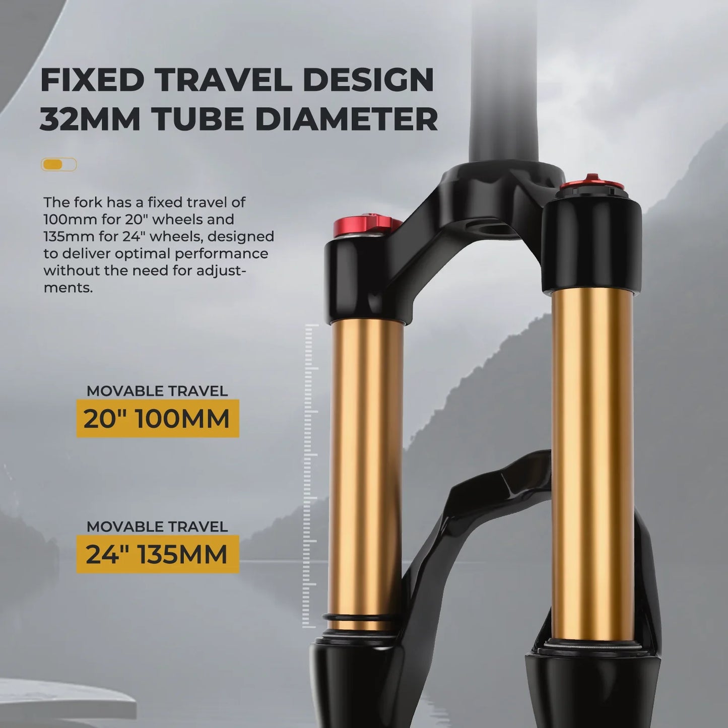 Air & Oil Suspension Fork for 20-inch / 24-inch Bikes, Alloy Upper & Magnesium Lower, Remote Lockout, 100–135 mm (3.9–5.3 in) Travel