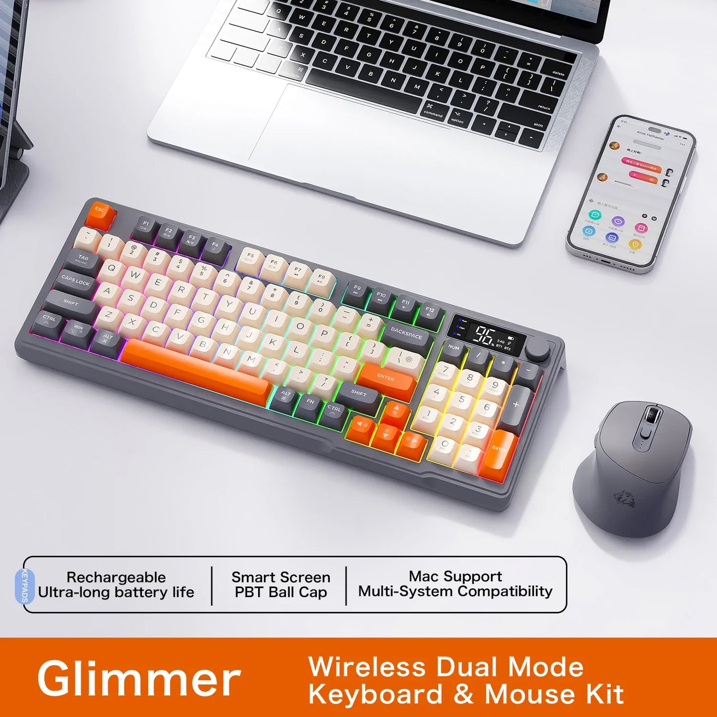 96-Key Bluetooth & 2.4G Wireless Gaming Keyboard with Smart Screen, RGB Backlight, Ergonomic PBT Keycaps — Multi-Device for PC Laptop Tablet