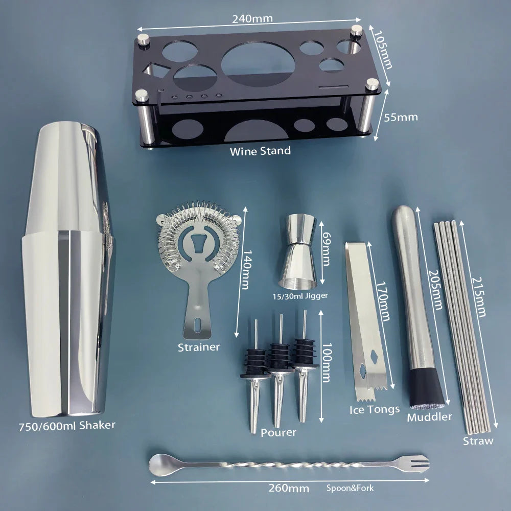 13-22 Pc Boston Cocktail Bar Tool Set – Stainless Steel Shakers 750ml/600ml with Acrylic Holder