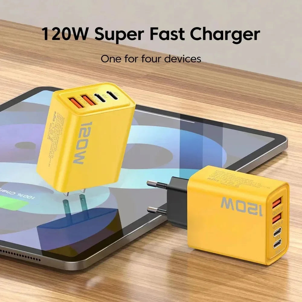 120W 4-Port USB-C PD Fast Charger Wall Adapter, 2 USB-C + 2 USB-A Quick Charge with US/EU Plugs