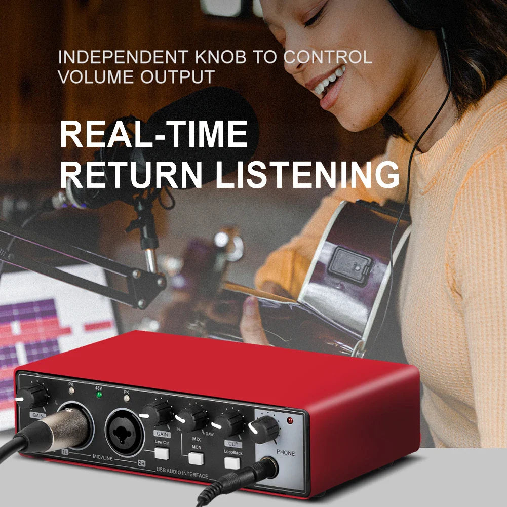 Portable 2-in-2-out USB Audio Interface 24-bit/192kHz with 48V Phantom Power, Loopback & Zero-Latency Monitoring for Guitar and Vocal Recording
