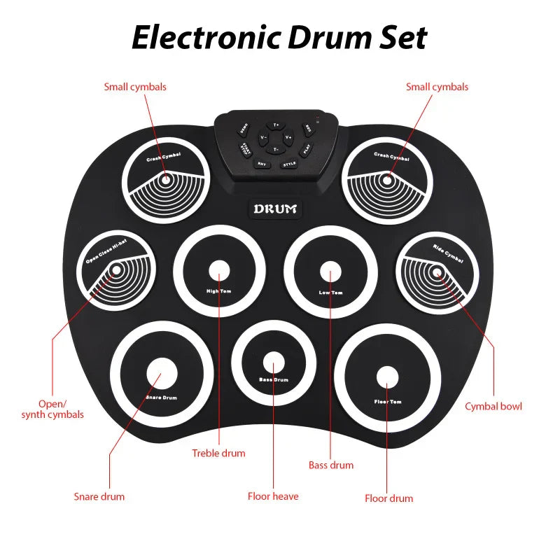 Portable 9-Pad Roll-Up Electronic Drum Set USB MIDI with Pedals & Drumsticks