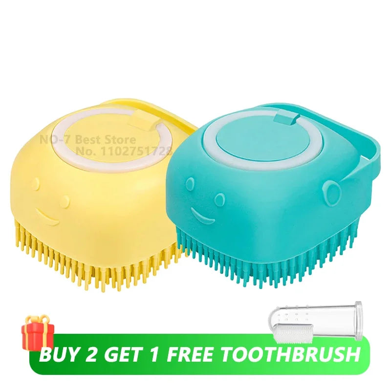 Dog & Cat Silicone Bath Brush with Shampoo Dispenser — Soft Rubber Bristles for Grooming & Massage