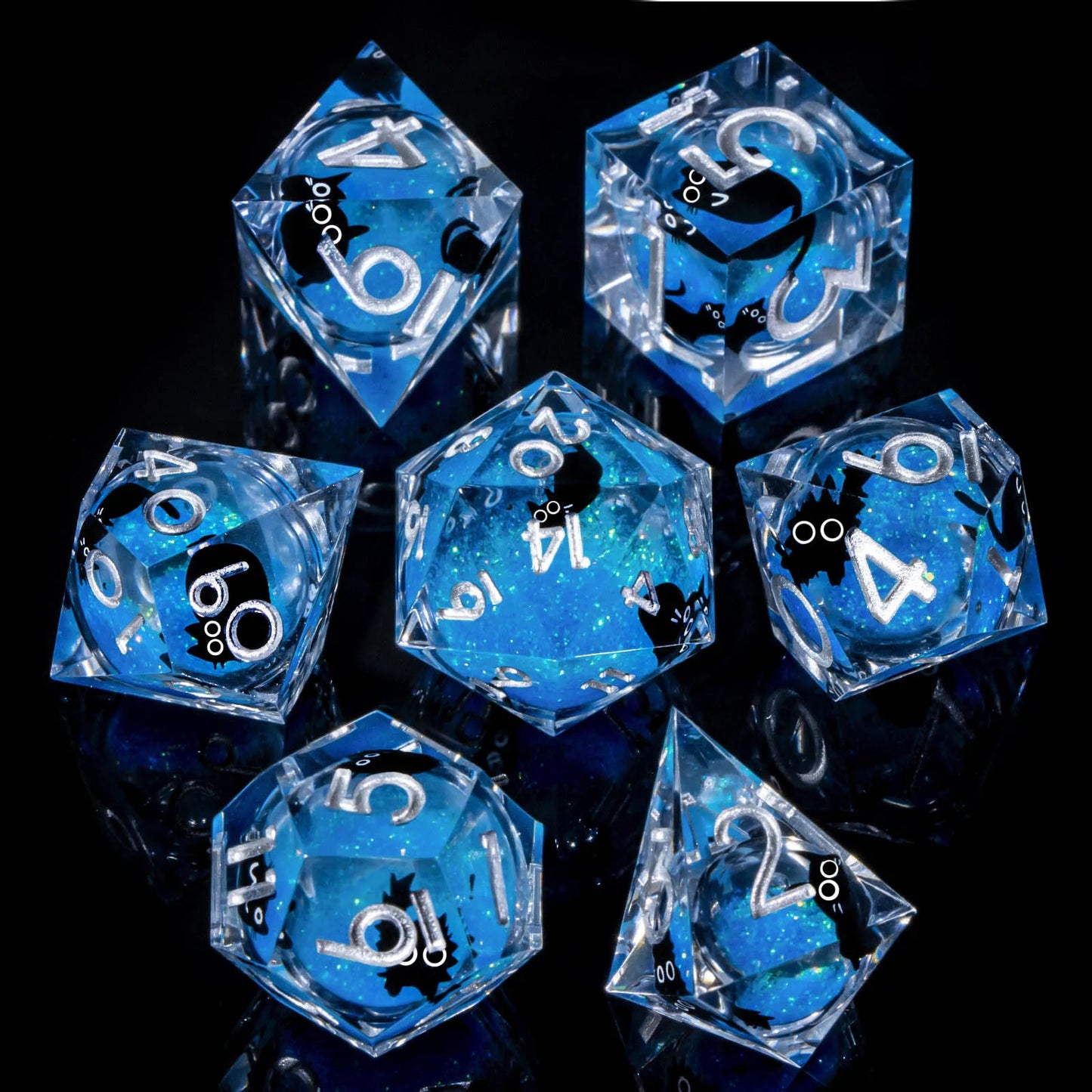 Liquid-Core Cat Resin 7-Piece RPG Dice Set — Sharp-Edge Polyhedral D20 D12 D10 D8 D6 D4 for Dungeons & Dragons & Tabletop