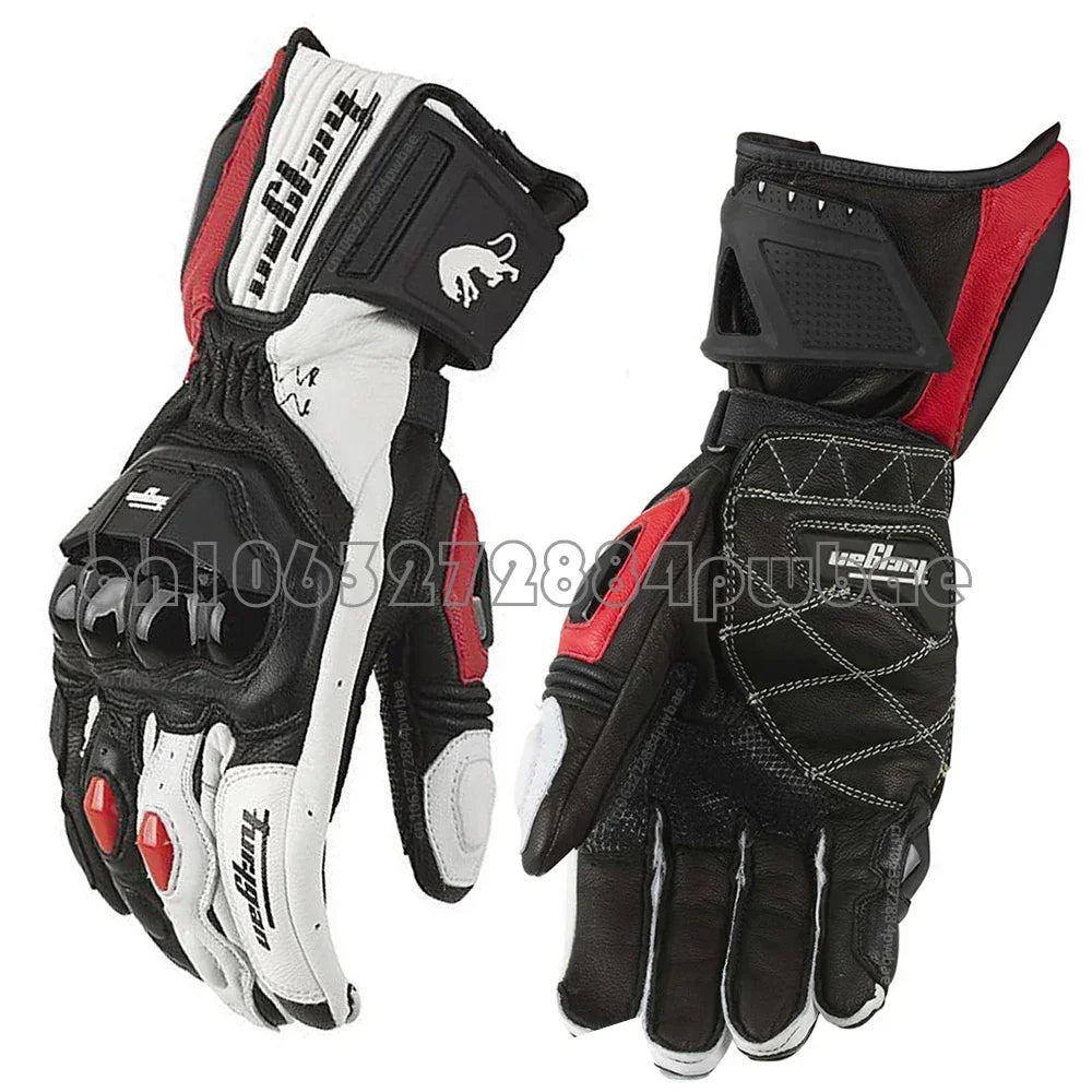 Unisex Leather Motorcycle Riding Gloves - Racing Motorbike Gloves with Protective Padding, Adjustable Strap - Black/White/Red