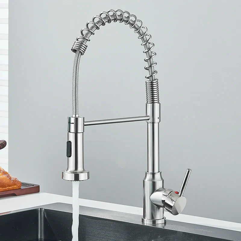 Pull-Down Kitchen Faucet Single Handle 360° Swivel Hot & Cold Mixer with Dual-Function Nozzle, Stainless Steel 304