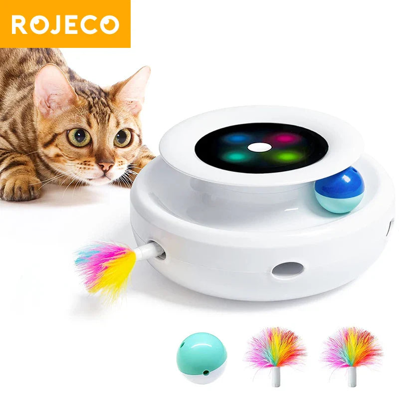 2-in-1 Automatic Interactive Cat Teaser Toy with 5 Modes - Feather Teasers & Fun Balls (Includes 3 Feathers, 2 Balls) - 7.8 x 7.8 x 3.8 in / 198 x 198 x 96 mm