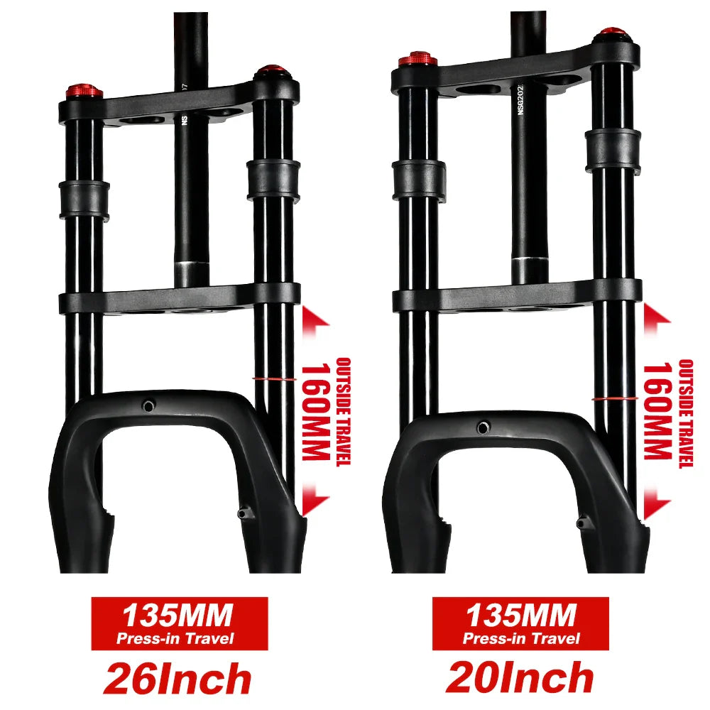 E-Bike Snow Front Suspension Fork 20x4.0 / 26x4.0 in | 135mm Dropout | Air + Oil MTB Fork, 330mm Travel