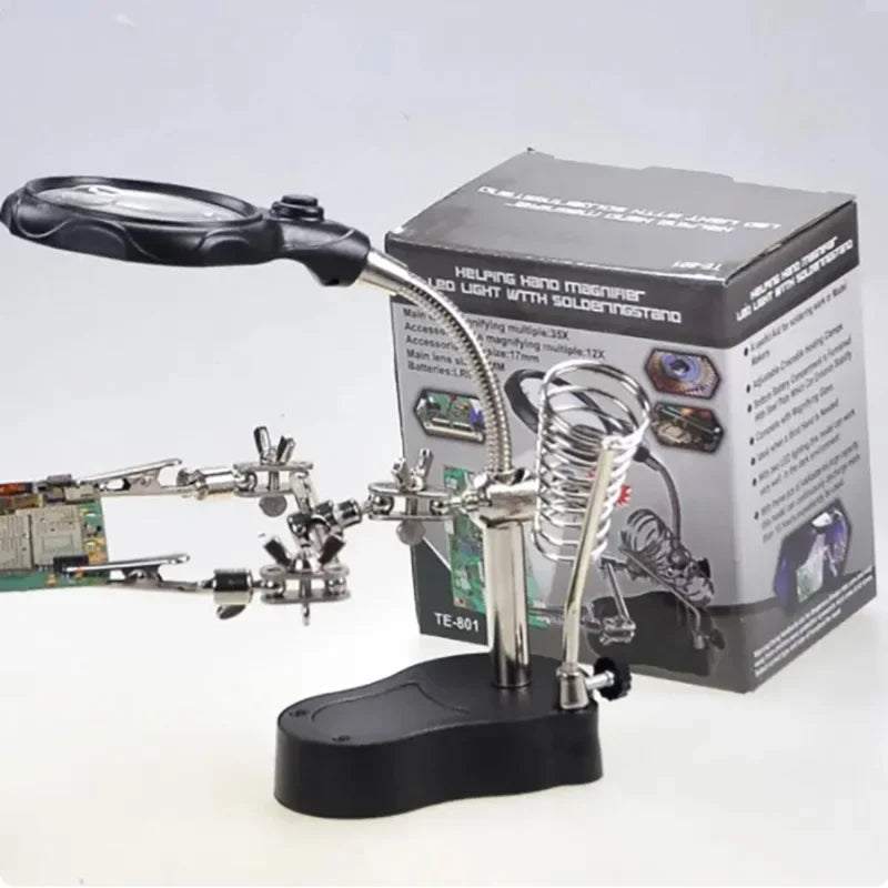 LED Clip Helping Hand Magnifier 3.5x/12x for Soldering, PCB Repair & Soldering Iron Stand