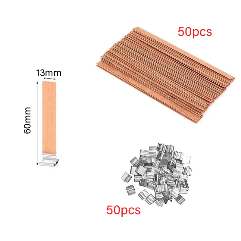 30/50-Pack Cherry Wood Candle Wicks with Metal Clip Bases – Smokeless Wooden Wicks for DIY Jar Candles