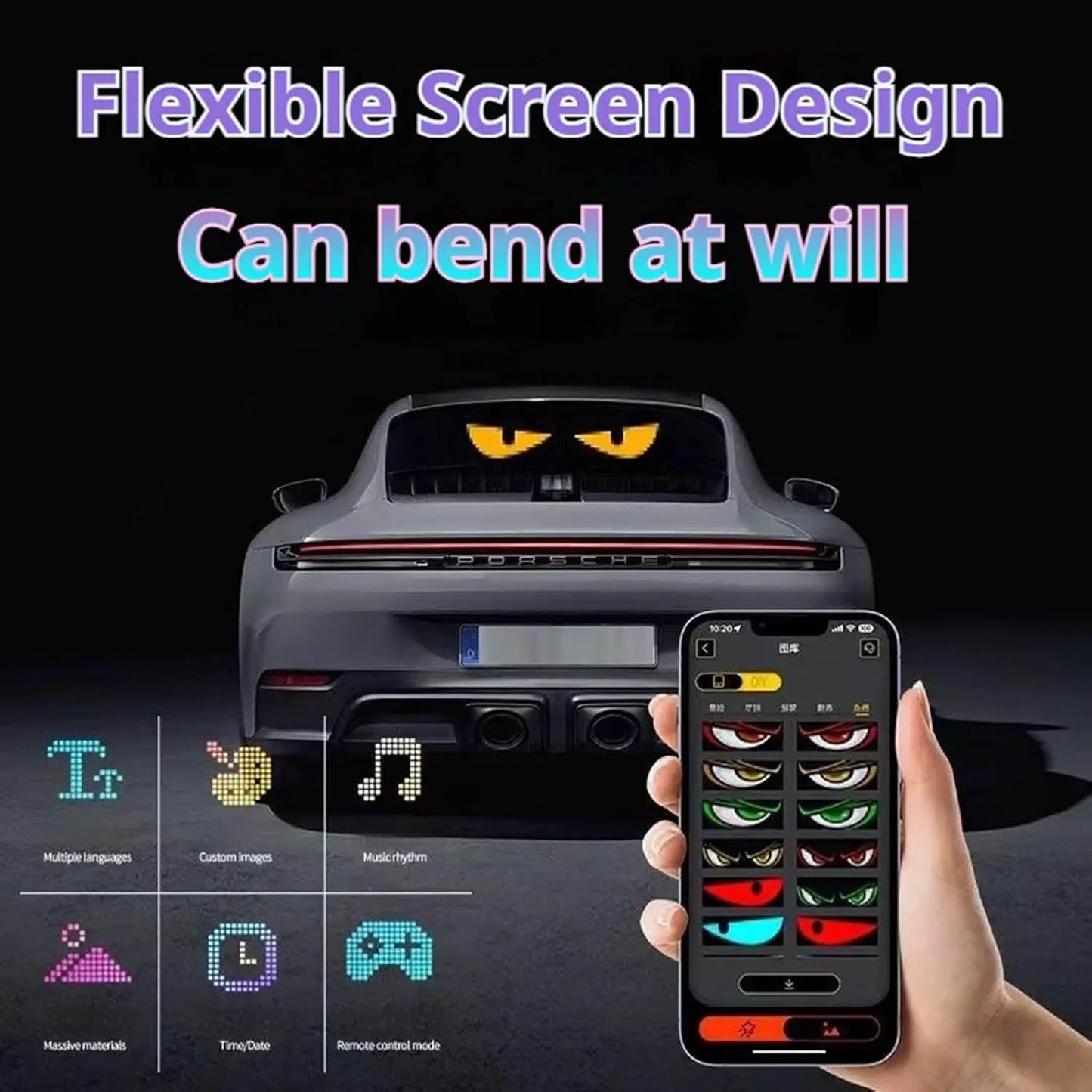 Bluetooth APP LED Scrolling Sign for Car & Truck Windshield — Flexible RGB Matrix Devil Eyes Display