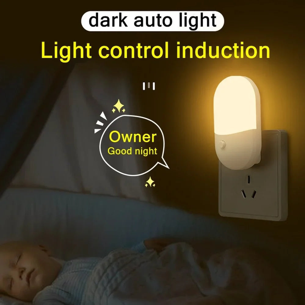 LED Plug-In Night Light with Auto Sensor (EU/US Plug) – Soft Warm Bedside Lamp for Bedroom, Kids, Hallway & Bathroom