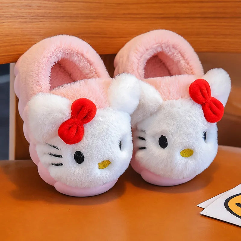 Kawaii Anime Plush Indoor Non-Slip Winter Slippers for Kids — Soft Cotton Flat Sole, Cute Cartoon Gift