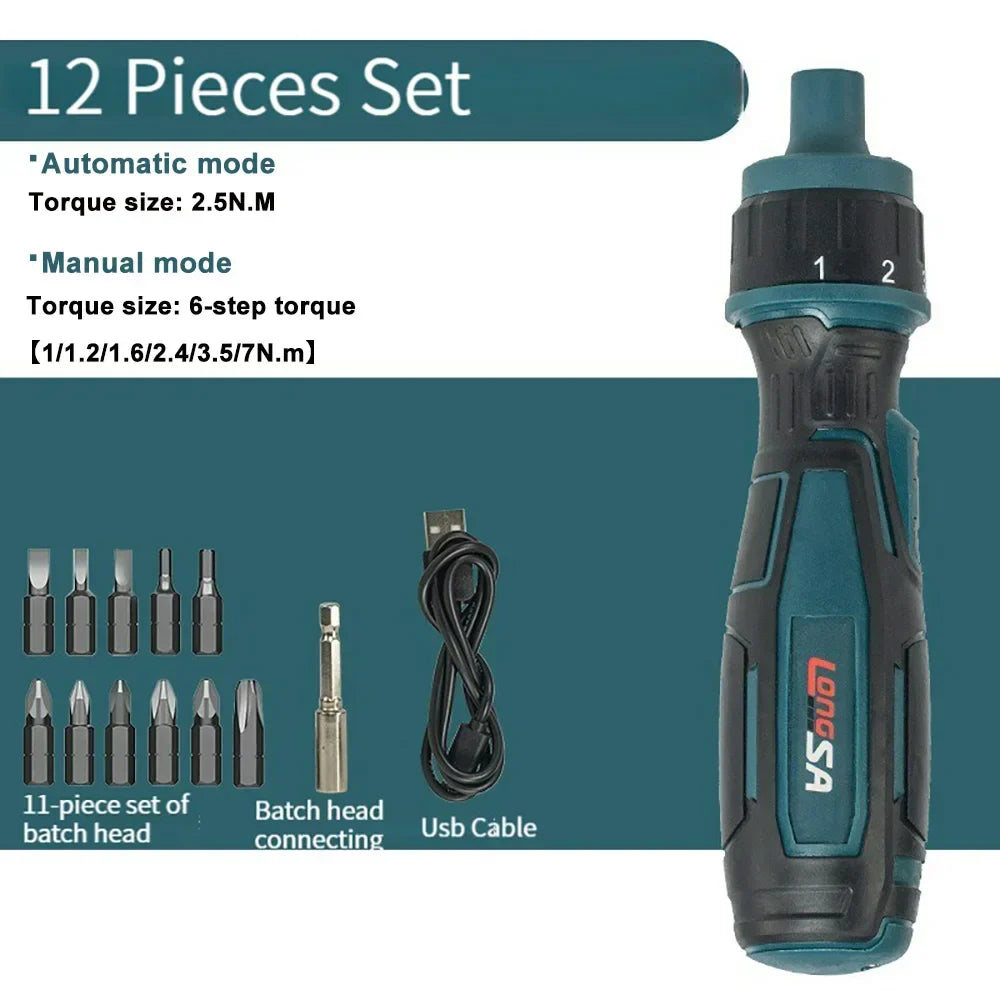 3.6V Mini Cordless Electric Screwdriver — Torque Adjustable Straight Handle, 6.35mm (1/4") Hex Chuck, 1300mAh Lithium Battery