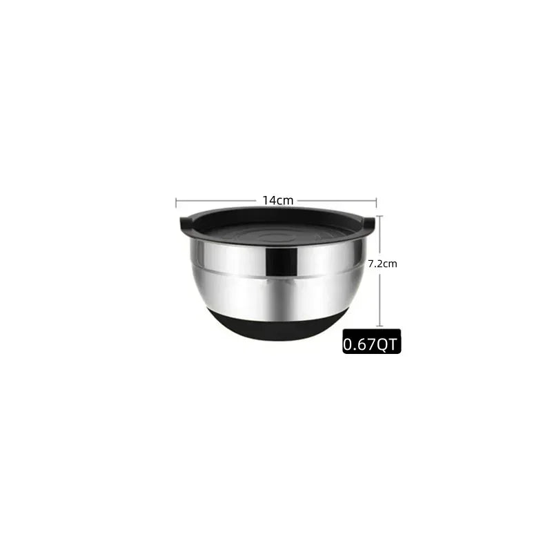 6-Piece Stainless Steel Mixing Bowls with Lids & Silicone Non-Slip Bases — Thickened Baking and Salad Bowls