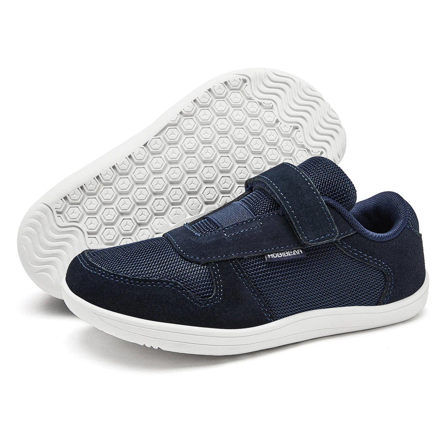 Kids Wide-Toe Barefoot Sneakers — Lightweight Hook & Loop Mesh with Faux Leather Toe
