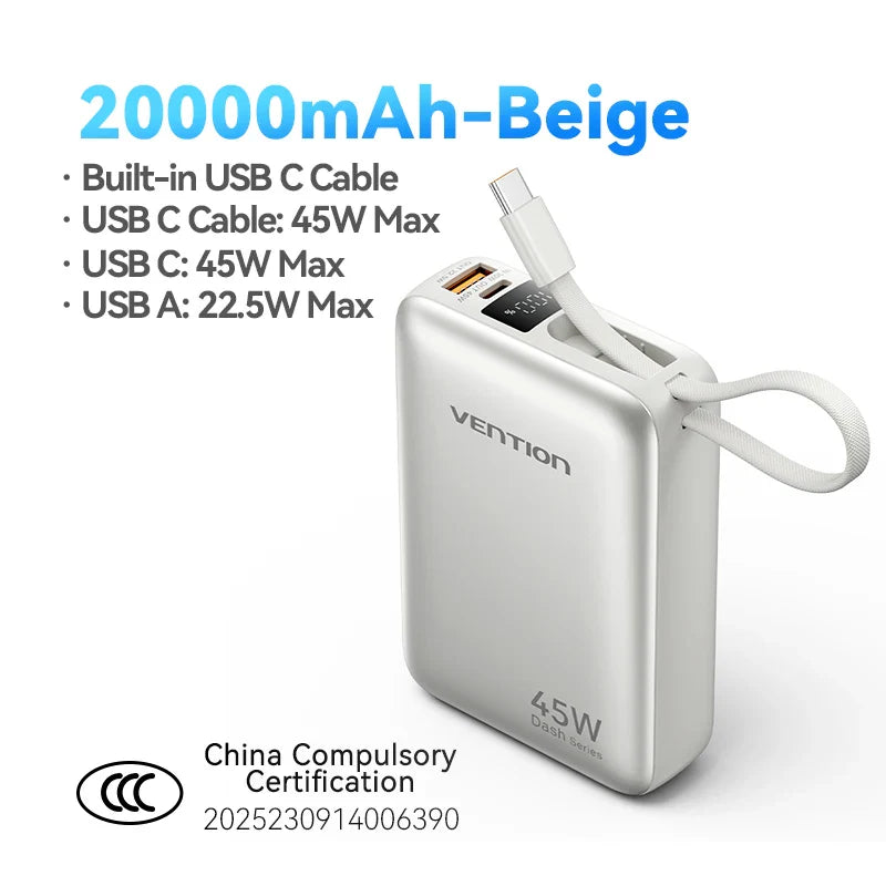 45W 20000mAh Power Bank with Built-in USB-C Cable, Fast Charging Portable Charger for iPhone Samsung Xiaomi