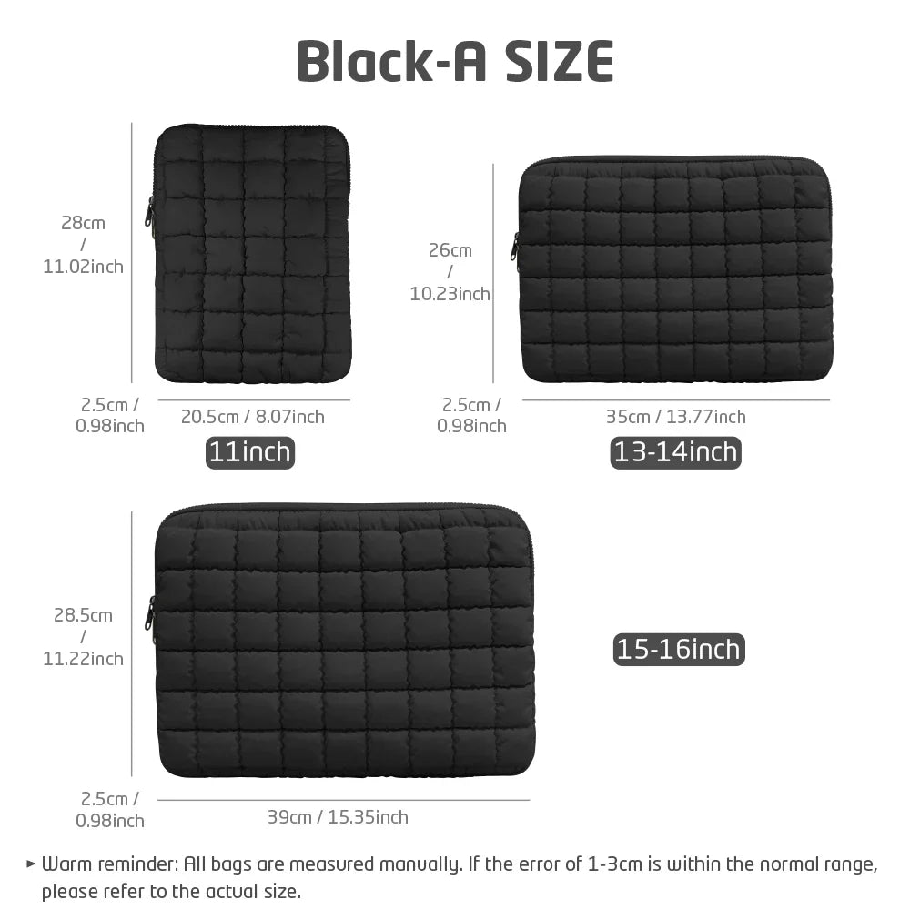 Puffy Quilted Laptop Sleeve for Women — 13–14 in (34–36 cm), 15–16 in (38–41 cm) & 9–11 in (23–28 cm) Tablet Pouch