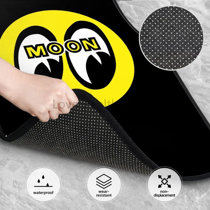 Moon Eyes Motorcycle Racing 4-Piece Car Floor Mats – Front 17.3×27 in (43.9×68.6 cm) & Rear 17.3×13.4 in (43.9×34.0 cm) Neoprene Rubber-Back All-Weather Mats