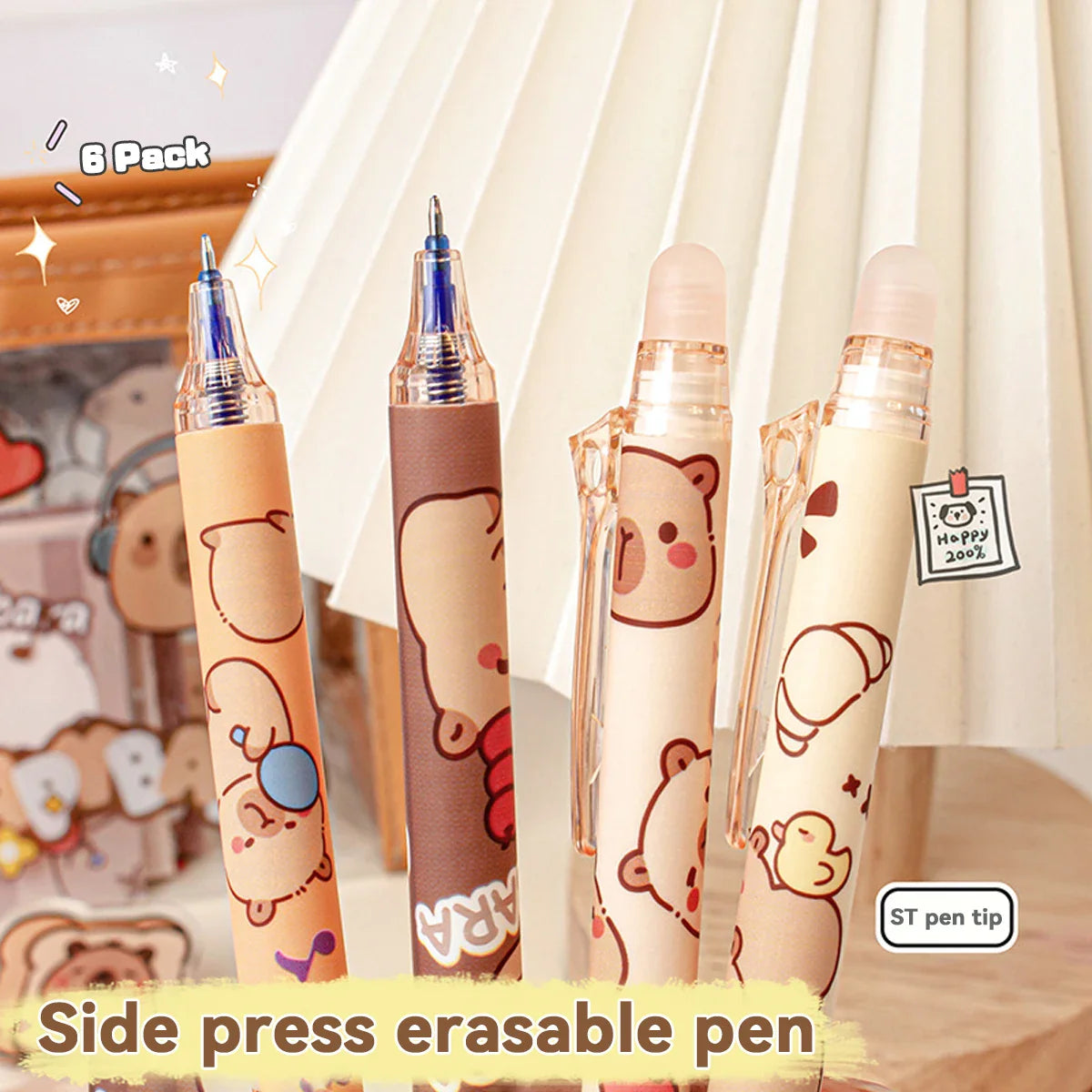 Capybara Erasable Gel Pens 6-Pack Refillable 0.5mm Smudge-Free Cute Animal Stationery for School & Office