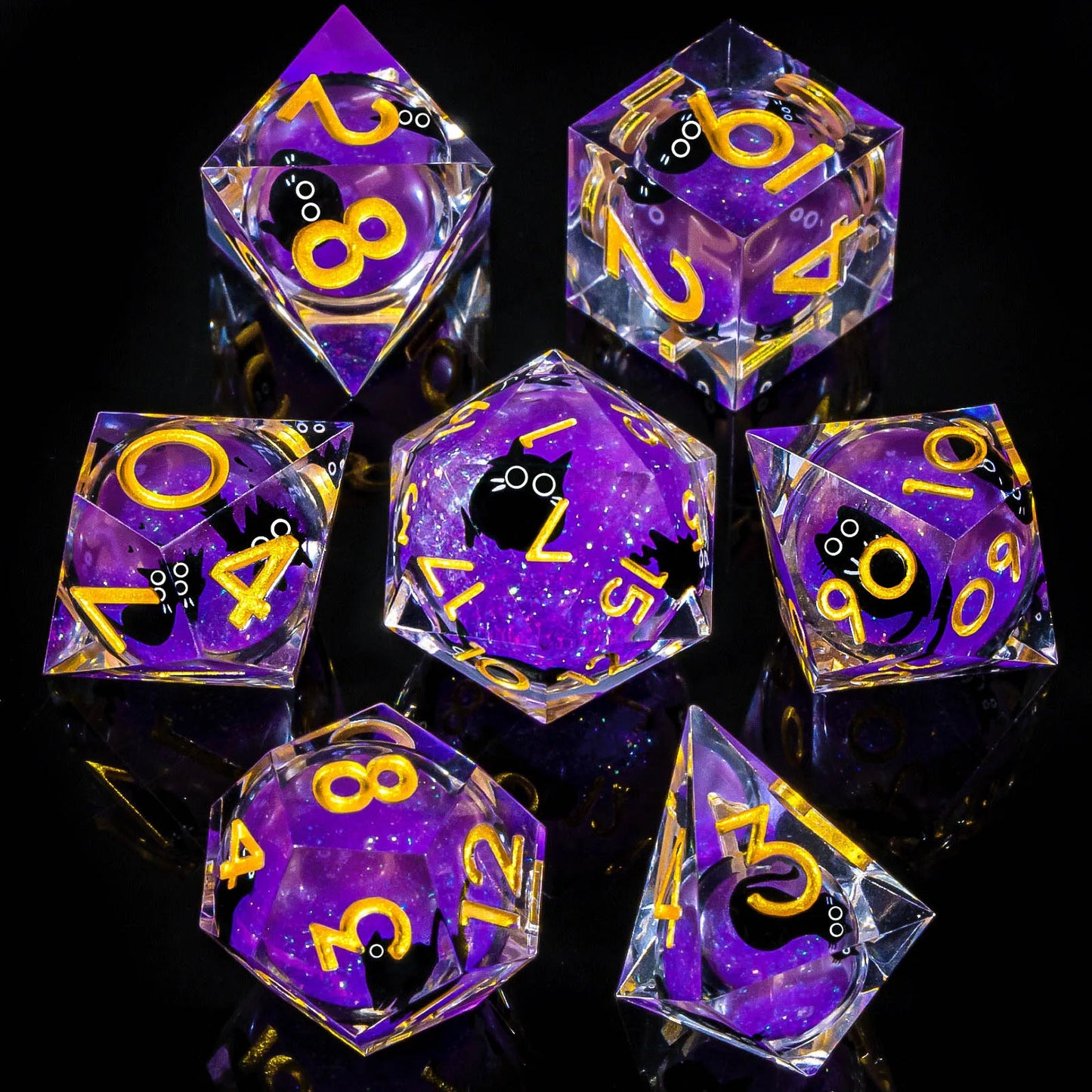 Liquid-Core Cat Resin 7-Piece RPG Dice Set — Sharp-Edge Polyhedral D20 D12 D10 D8 D6 D4 for Dungeons & Dragons & Tabletop
