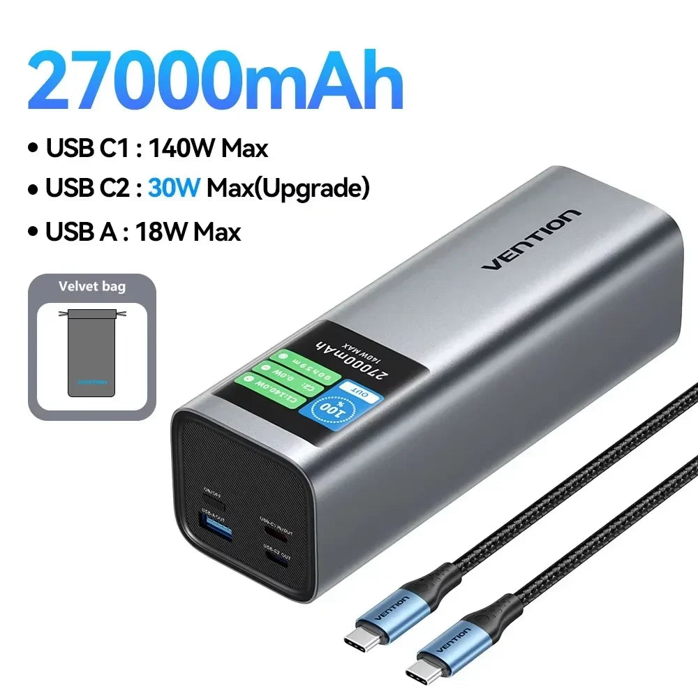 140W 27000mAh Portable PD Power Bank, 100W Fast Charge External Battery for Laptops, Tablets & Smartphones
