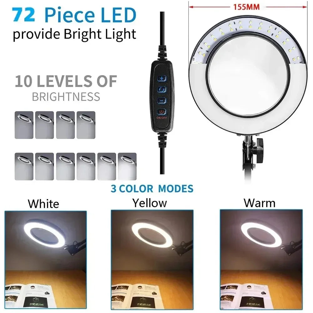 72-LED 8X/10X USB Illuminated Magnifying Glass Lamp - 4.2 in (106 mm) Lens, 3-Color Dimmable LED, Adjustable Arm & Clamp for Soldering, Crafts, Skincare