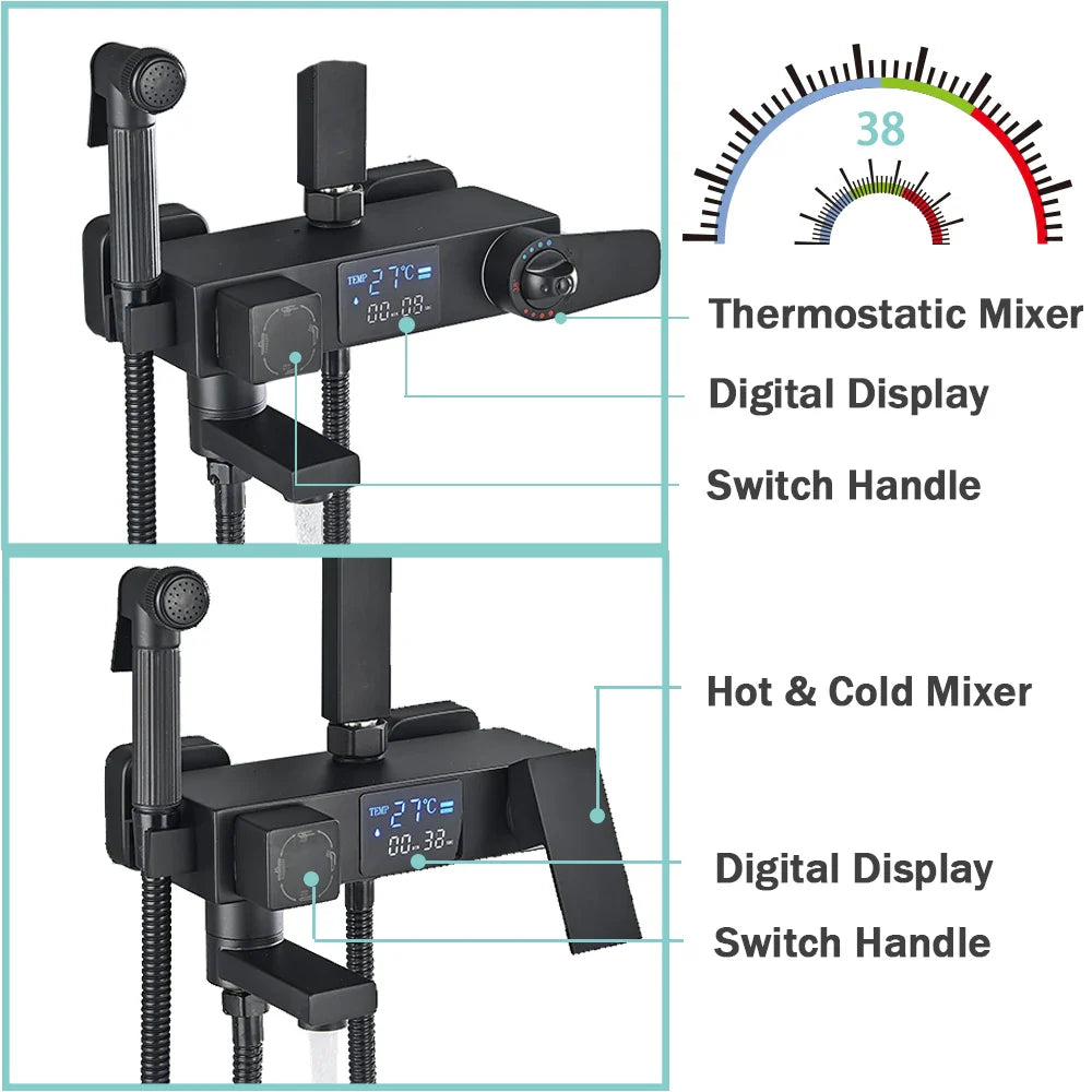 Black Digital Thermostatic Shower System 10-Inch (25.4 cm) Rainfall Head 4-Way Mixer with Digital Display, Slide Bar Shelf & Bidet Faucet