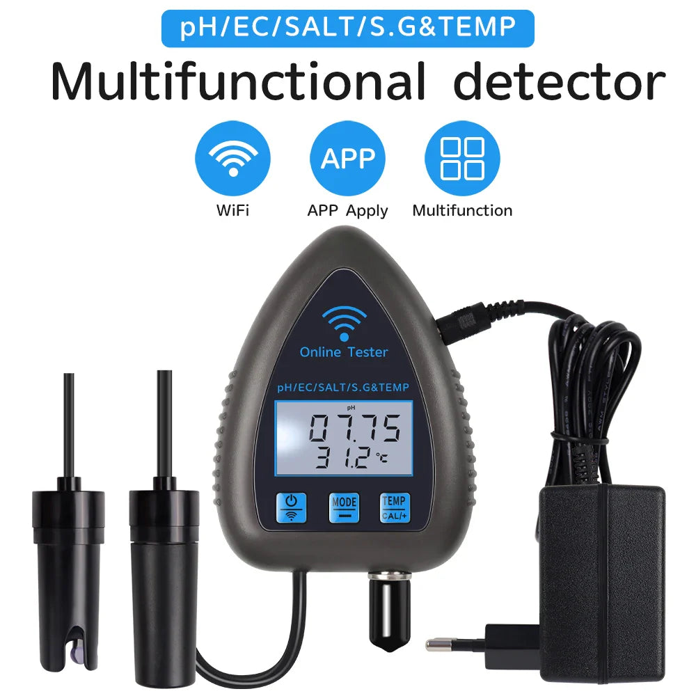 5-in-1 WiFi & Bluetooth Water Quality Monitor — pH, TDS/EC, Salinity, Specific Gravity & Temp for Aquariums, Hydroponics & Aquaculture