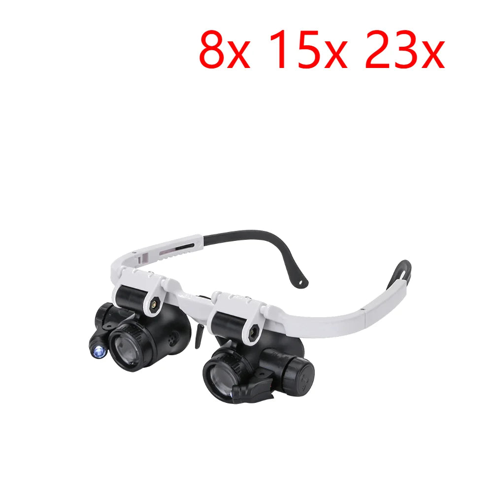 Adjustable LED Headband Magnifier with 10x/15x/20x/25x Interchangeable Lenses — Hands-Free Magnifier for Jewelry Repair, Watchmaking and Reading
