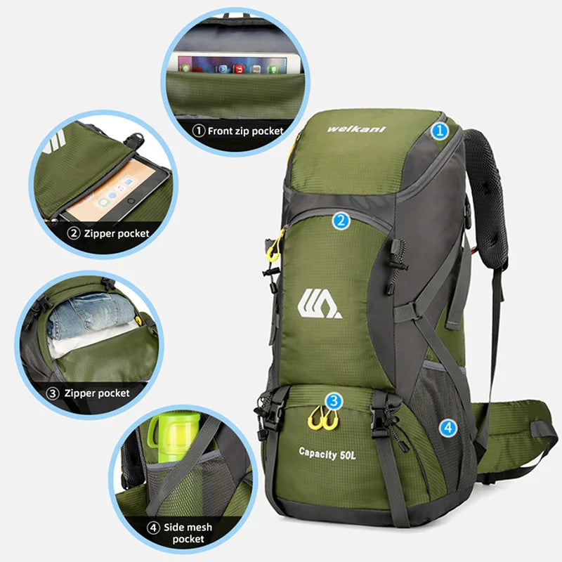 50L Waterproof Hiking Backpack for Men & Women Travel Camping Climbing Rucksack