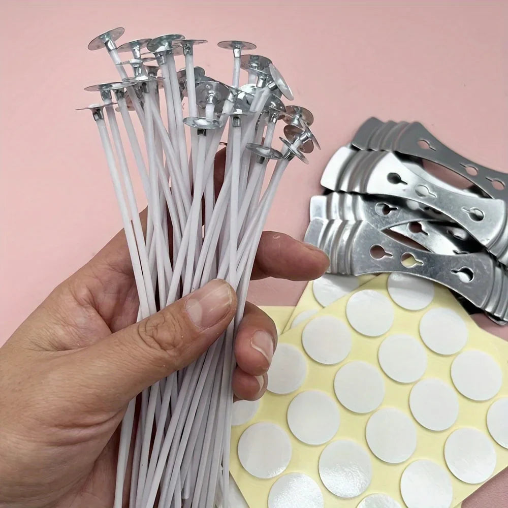 Candle Making Wicks Kit – 50 Waxed Cotton Wicks with Metal Sustainers + 60 Self-Adhesive Wick Stickers (110 pcs)