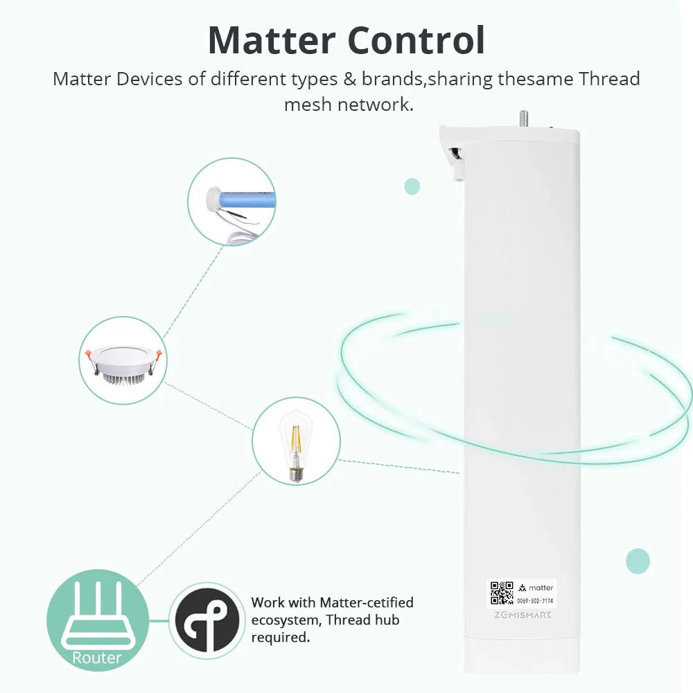Matter & Thread Smart Curtain Motor — App Control for Google Home, SmartThings & Siri | RF Remote, Automatic Curtain System