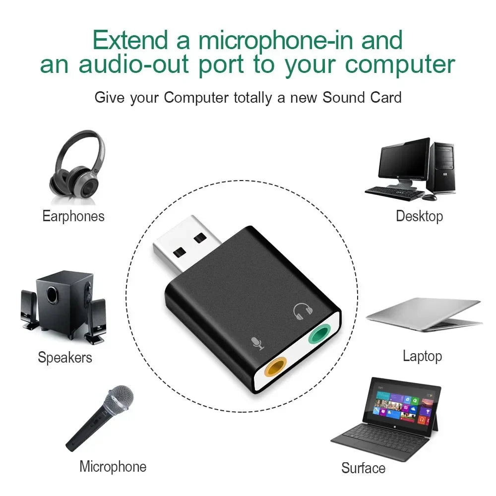 USB External Sound Card Adapter – 3.5mm Headset & Mic Audio Interface, USB 2.0 Plug & Play for PC & Mac