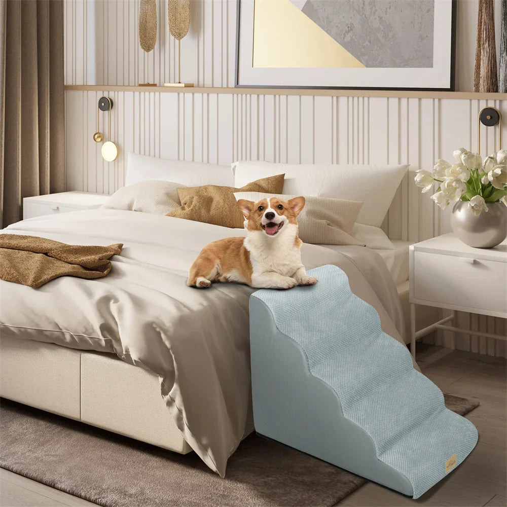 5-Step Foam Dog Stairs for High Beds & Sofas – Non-Slip Pet Ramp with Removable Washable Cover, Supports up to 27 kg (59.5 lbs)