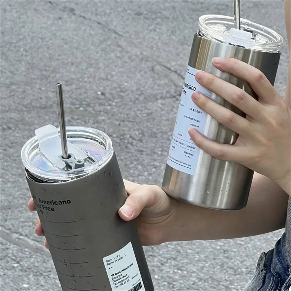 Portable 600ml (20 oz) 304 Stainless Steel Vacuum Thermos with Straw - Insulated Leak-Proof Travel Coffee Mug
