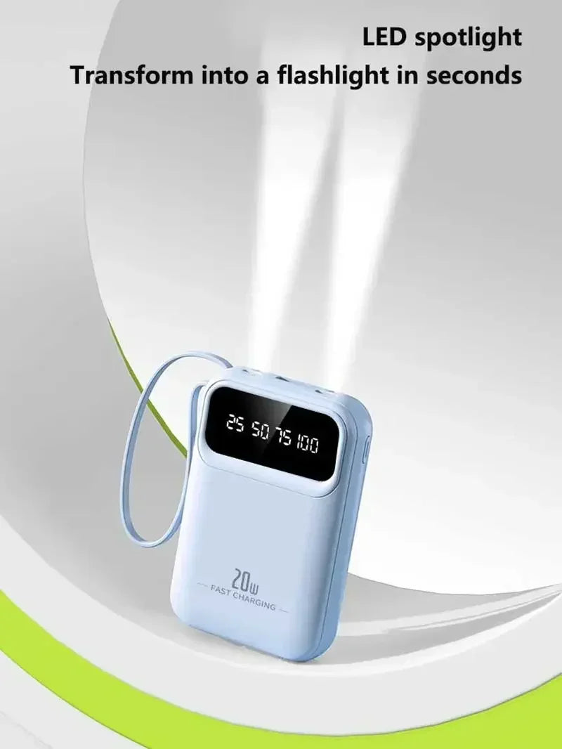 500000mAh Portable Power Bank 20W Fast Charge, Built-In 4 Cables, LED Light & Digital Display