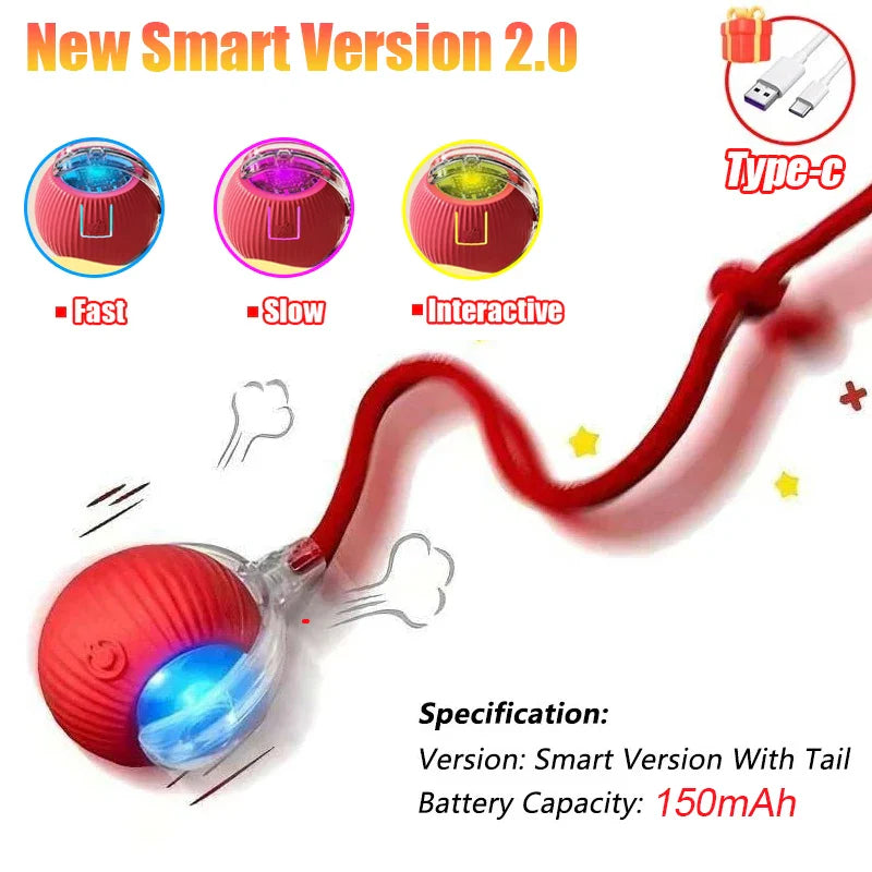 Interactive Automatic Rolling Ball Toy for Cats and Dogs, Rechargeable Smart Pet Toy with Faux Tail