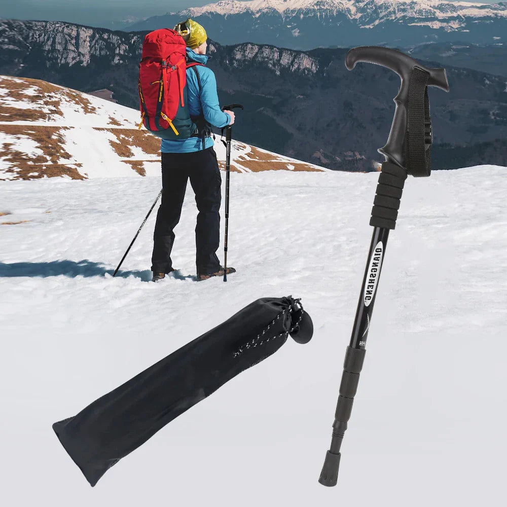 Folding 4-Section Telescopic Trekking Pole - Lightweight Aluminum Hiking Stick with T-Handle, Adjustable 21-43 in (53-110 cm)