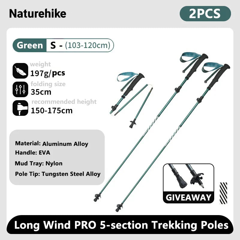 Ultralight Carbon Fiber 5-Section Folding Trekking Poles, Collapsible Quick-Lock Hiking Poles Adjustable 103–120 cm (40.6–47.2 in) or 115–135 cm (45.3–53.2 in)
