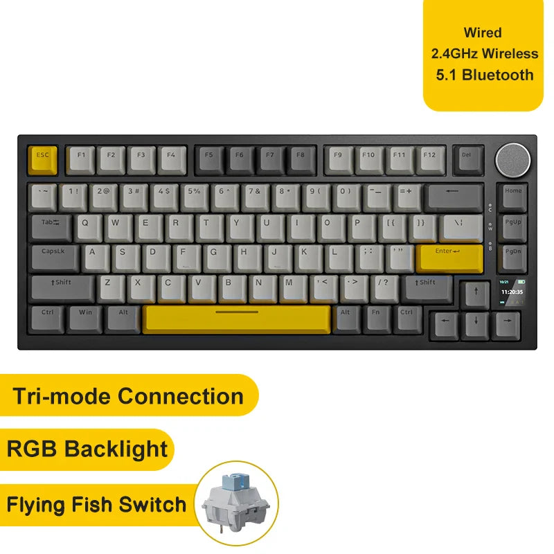 75% Hot-Swappable Mechanical Keyboard — Bluetooth 5.1, 2.4G Wireless & Wired USB-C, PBT Keycaps, RGB, Gasket Mount, Metal Volume Knob