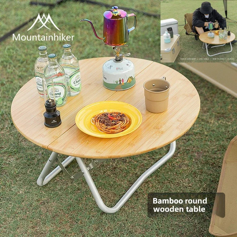 Bamboo Folding Camping Table — Round Portable Picnic & BBQ Table, 23.6 x 23.6 x 10.6 in (60×60×27 cm)