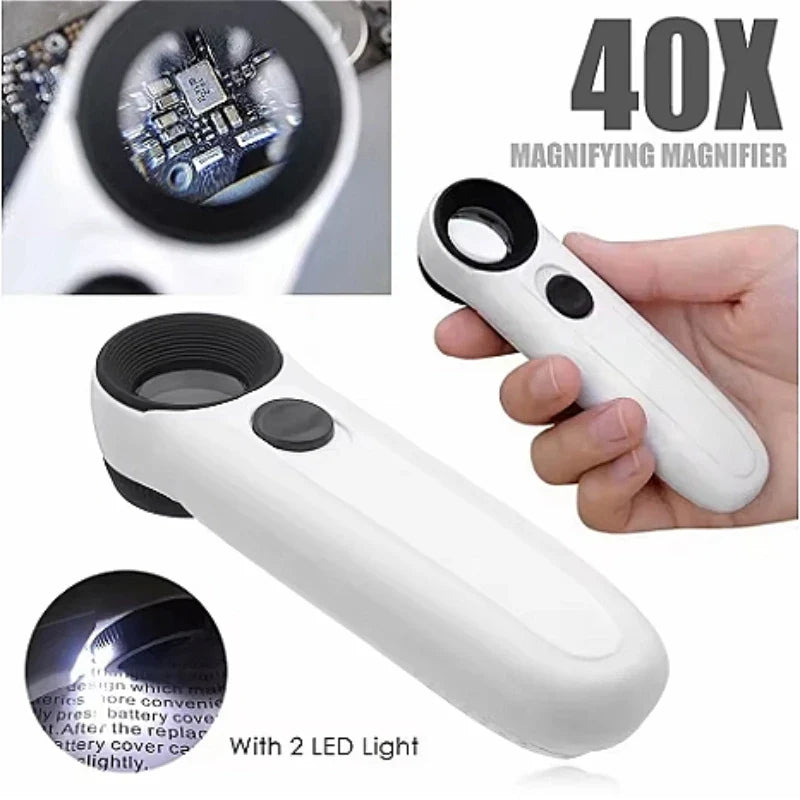 40X Handheld Magnifying Glass with 2 LED Lights for Jewelry Stamps Maps Circuit Board Inspection