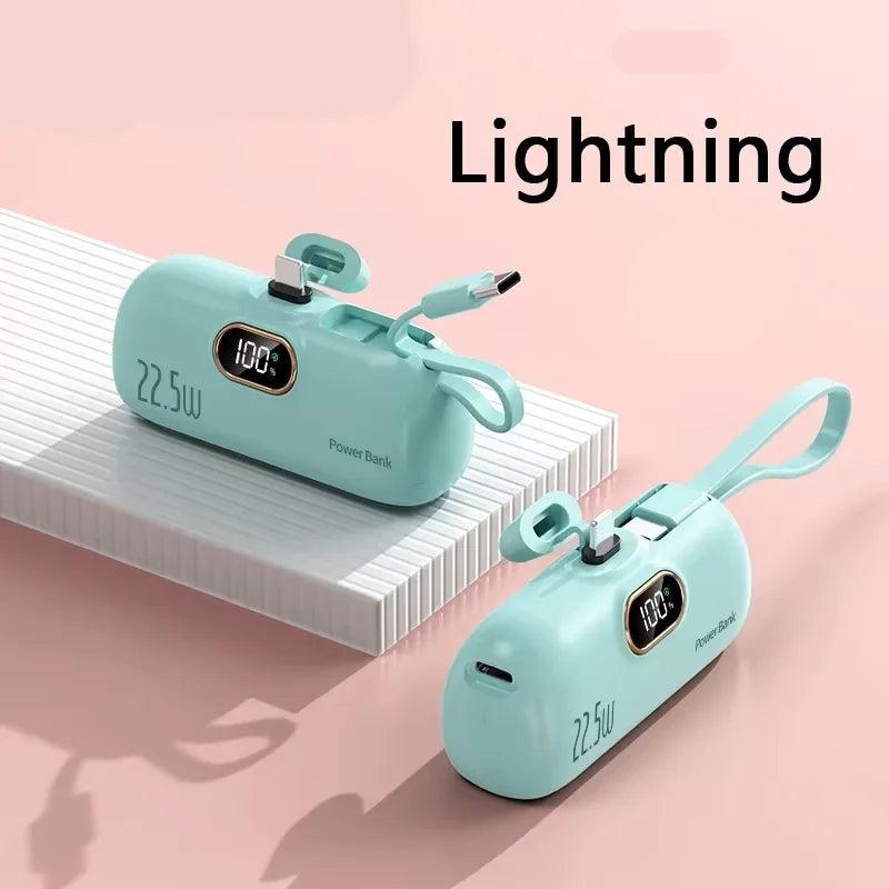 50000mAh Mini Capsule Power Bank 22.5W Fast Charging Portable External Battery with Built-in Cables & Digital Display Compatible with iPhone Huawei Samsung