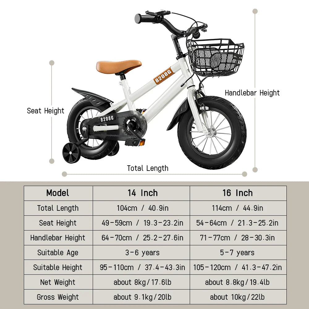Kids Bike for Girls Ages 3-7 with Training Wheels & Front Basket - 14 in (36 cm) / 16 in (41 cm)