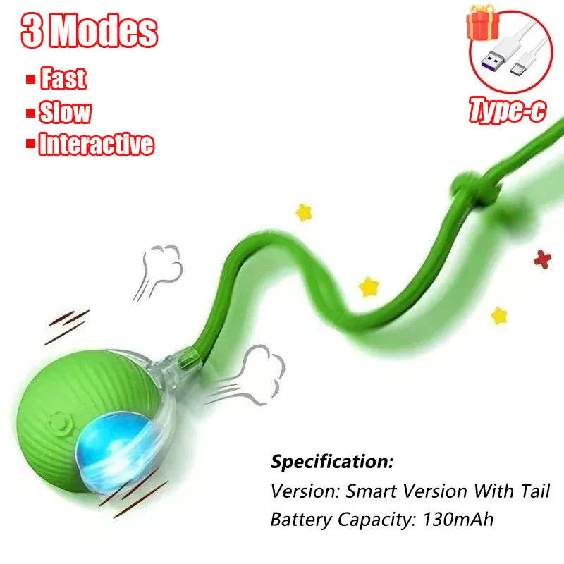 Interactive Automatic Rolling Ball Toy for Cats and Dogs, Rechargeable Smart Pet Toy with Faux Tail