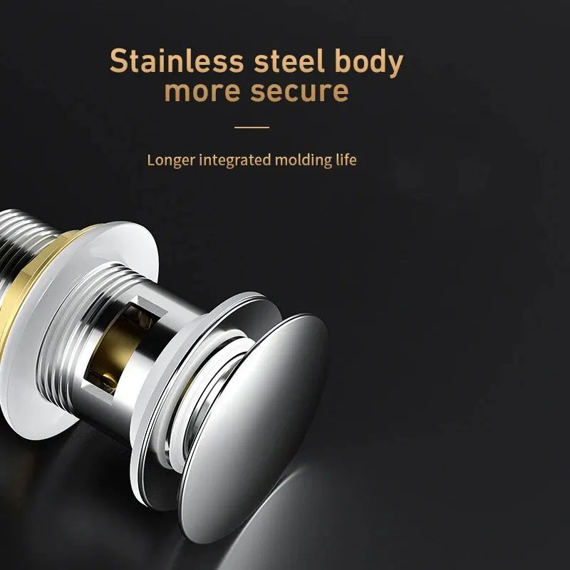 Spring-Loaded Push-Down Pop-Up Bathroom Sink Drain - Stainless Steel Chrome Mushroom-Head Stopper