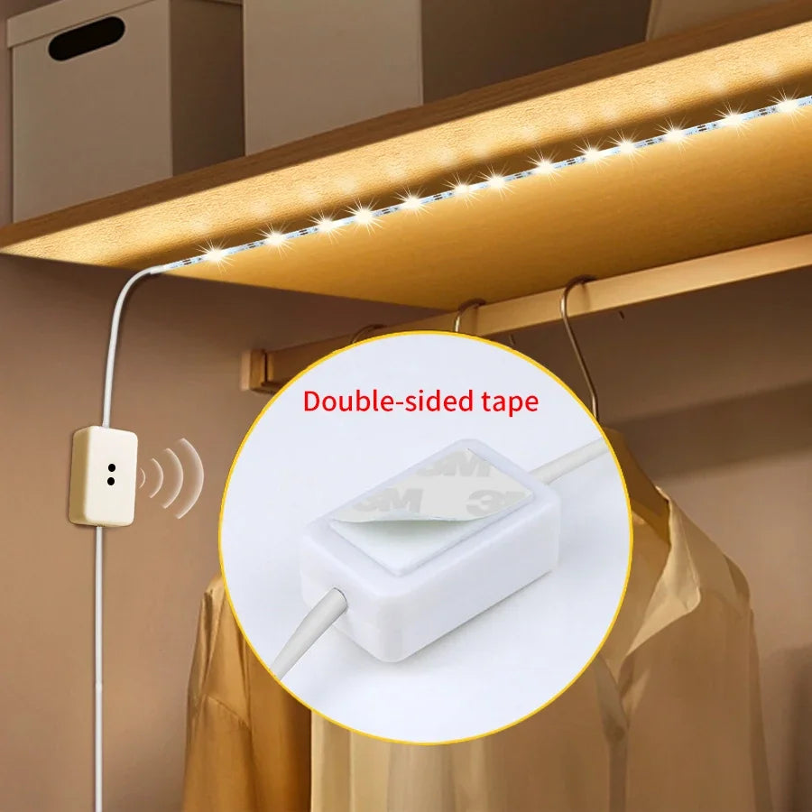 Hand Sweep Motion Sensor LED Strip Lights - USB Powered Dimmable Tape, 1m/2m/3m/5m/10m (3.3–32.8 ft) for Kitchen, Closet, Stairs