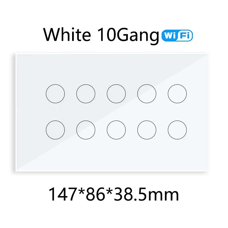 WiFi Smart Touch Glass Wall Light Switch — 8 Gang or 10 Gang (147 x 86 x 38.5 mm / 5.79 x 3.39 x 1.52 in) — Tuya/Smart Life, Alexa & Google Home